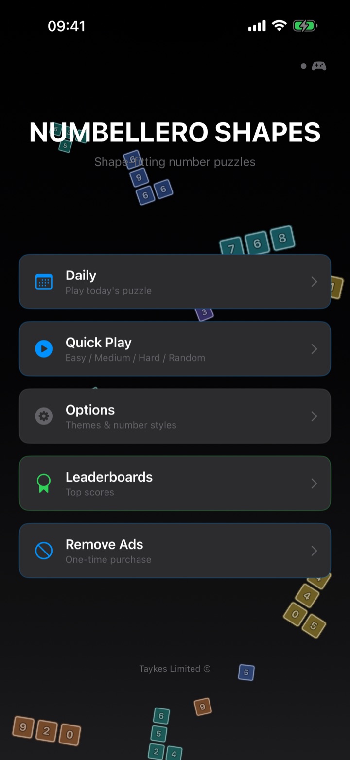 Numbellero Shapes home menu — Daily, Quick Play, Options and more
