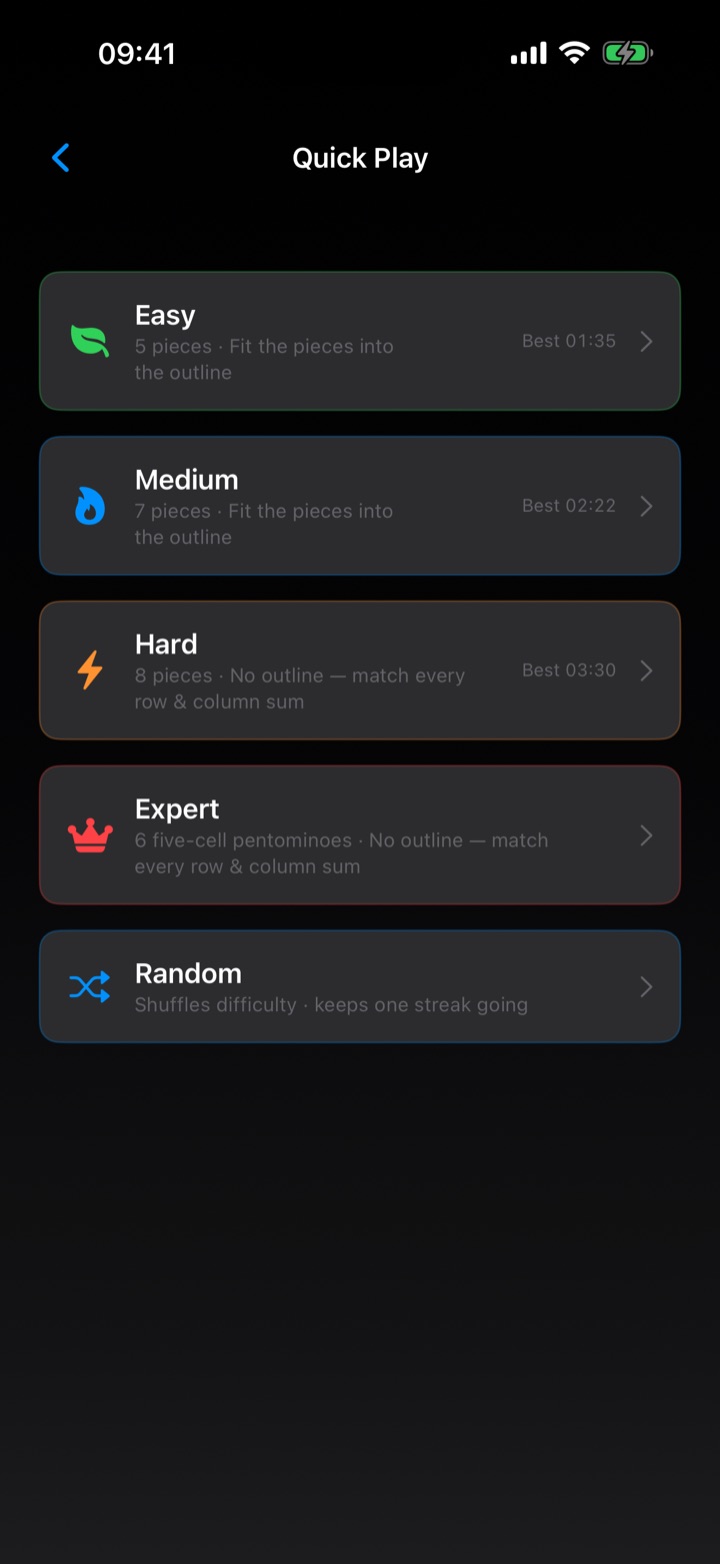 Quick Play difficulty modes — Easy, Medium, Hard, Expert and Random