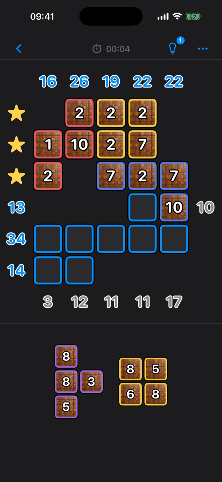 A Numbellero Shapes puzzle in progress, fitting numbered tiles to the row and column sums