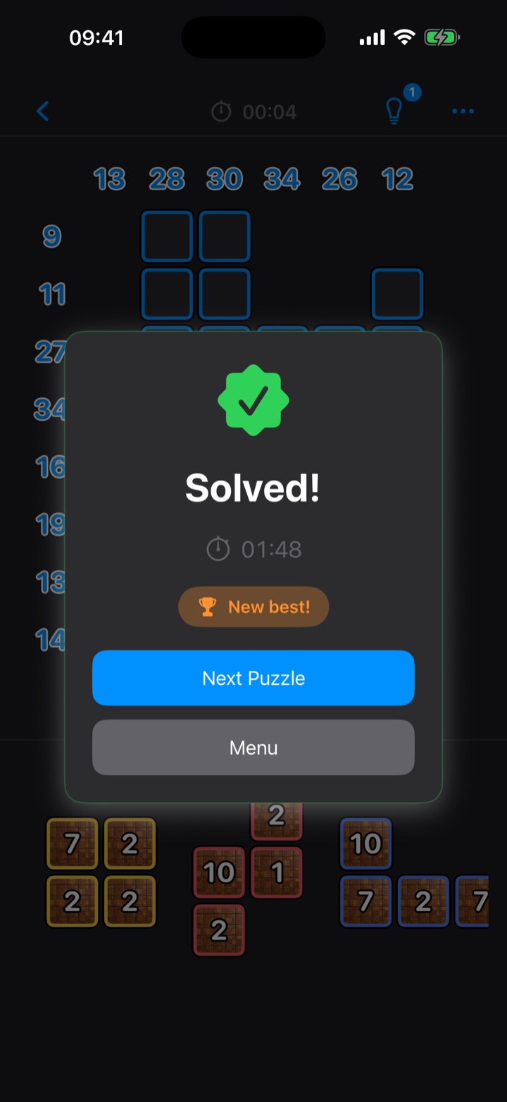 The Solved screen showing the finish time and a new best
